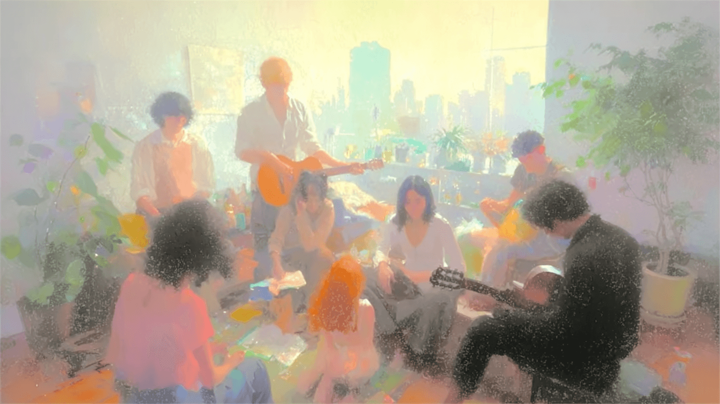 Fractal community gathering in a sunlit New York room