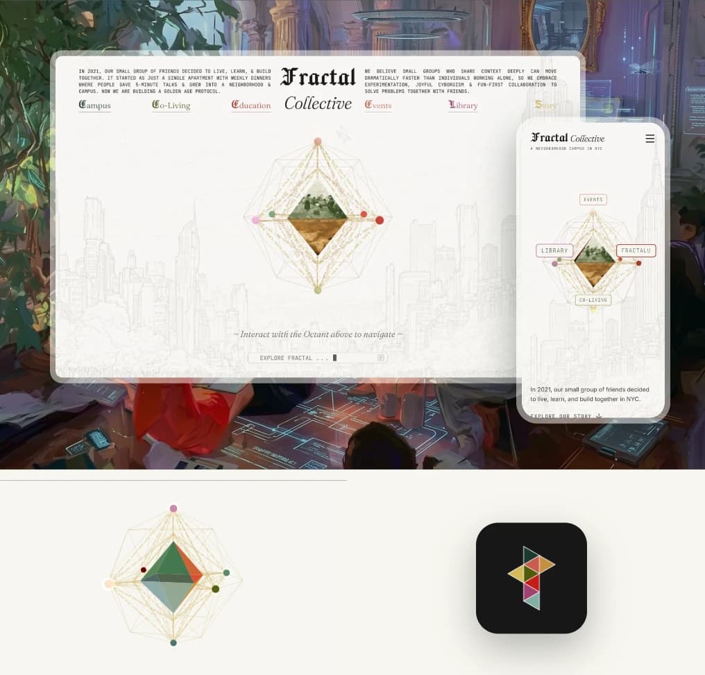 Fractal NYC website shown on desktop and mobile with the branding animation and events page