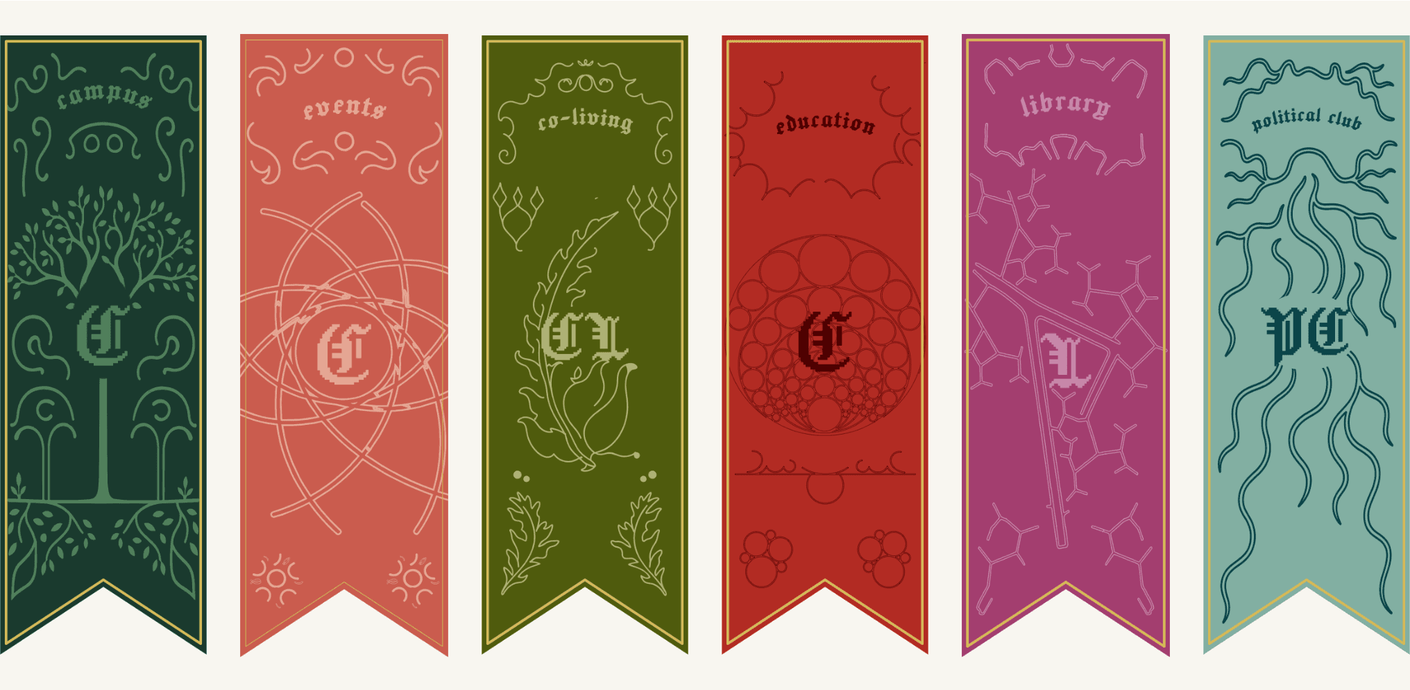 Six illustrated Fractal sector banners