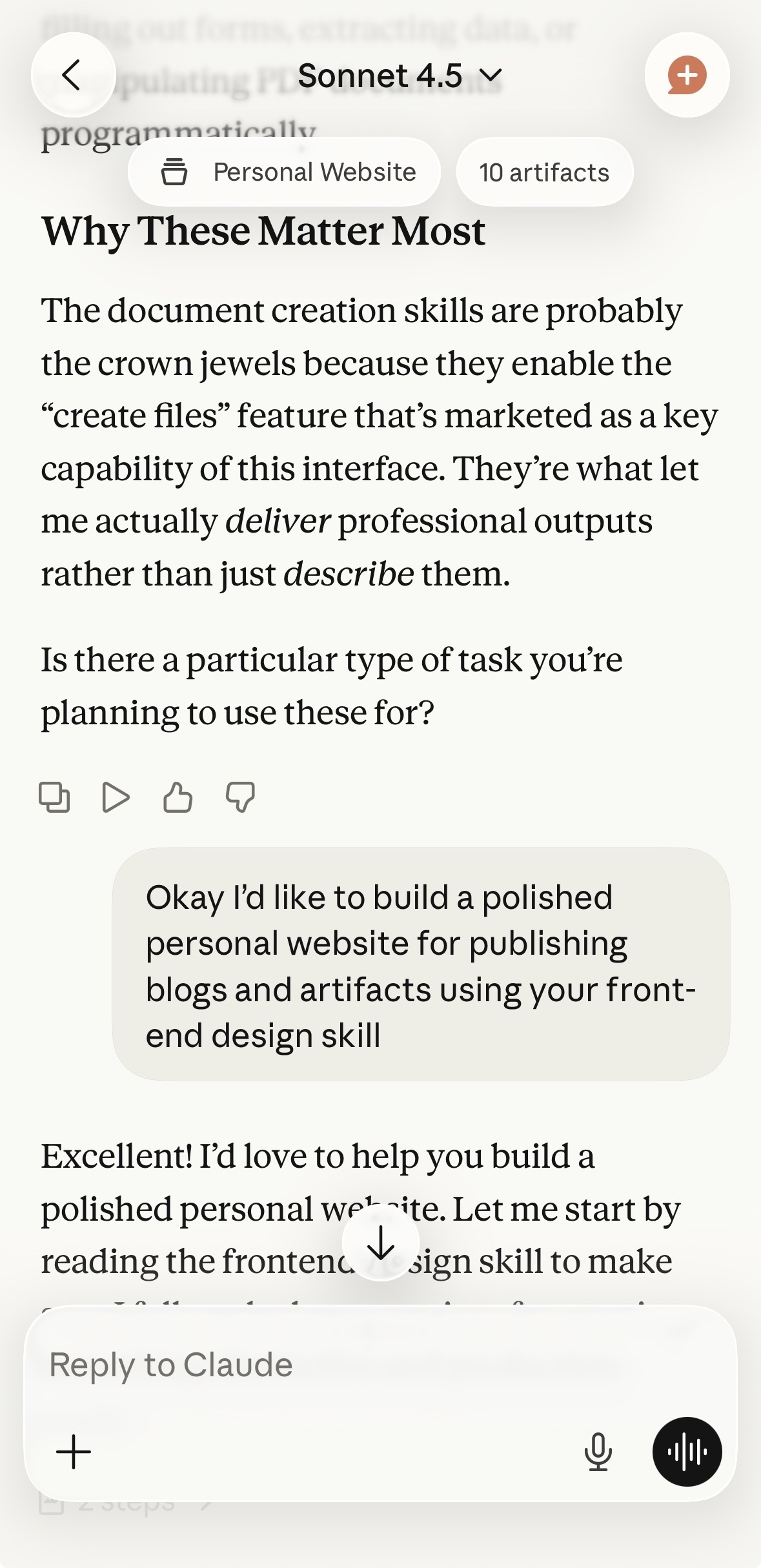 First conversation with Claude. 'I'd like to build a polished personal website.'